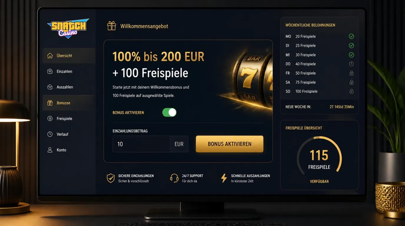 Casino-Bonusübersicht mit Willkommensangebot, 200 EUR Bonus und 100 Freispielen