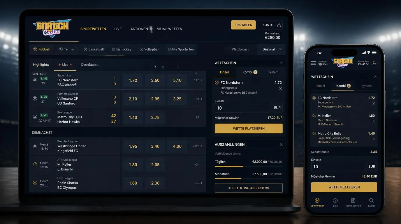 Sportwetten-Oberfläche mit Live-Quoten, Wettschein und Märkten für ein Fußballspiel