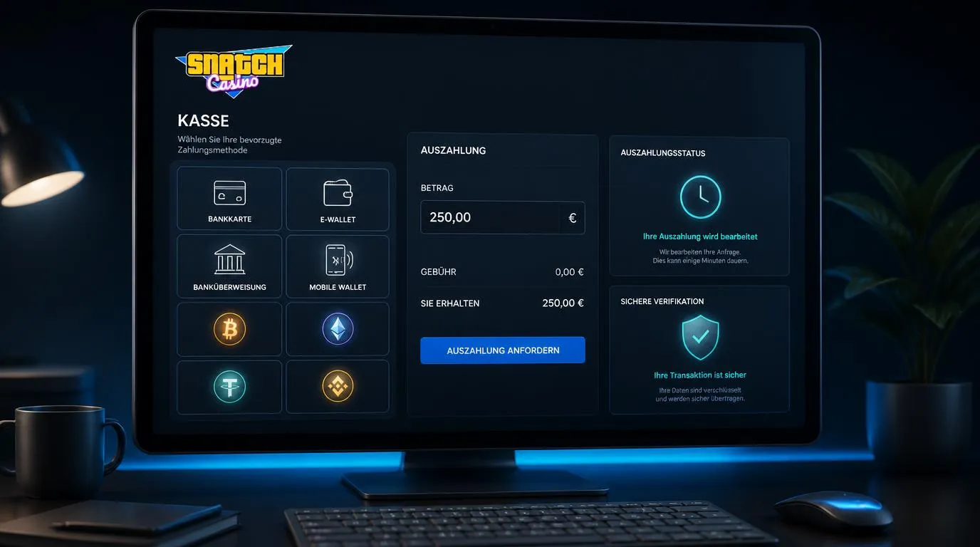 Übersicht einer Casino-Kasse mit E-Wallets, Karten, Banküberweisung und Kryptowährungen
