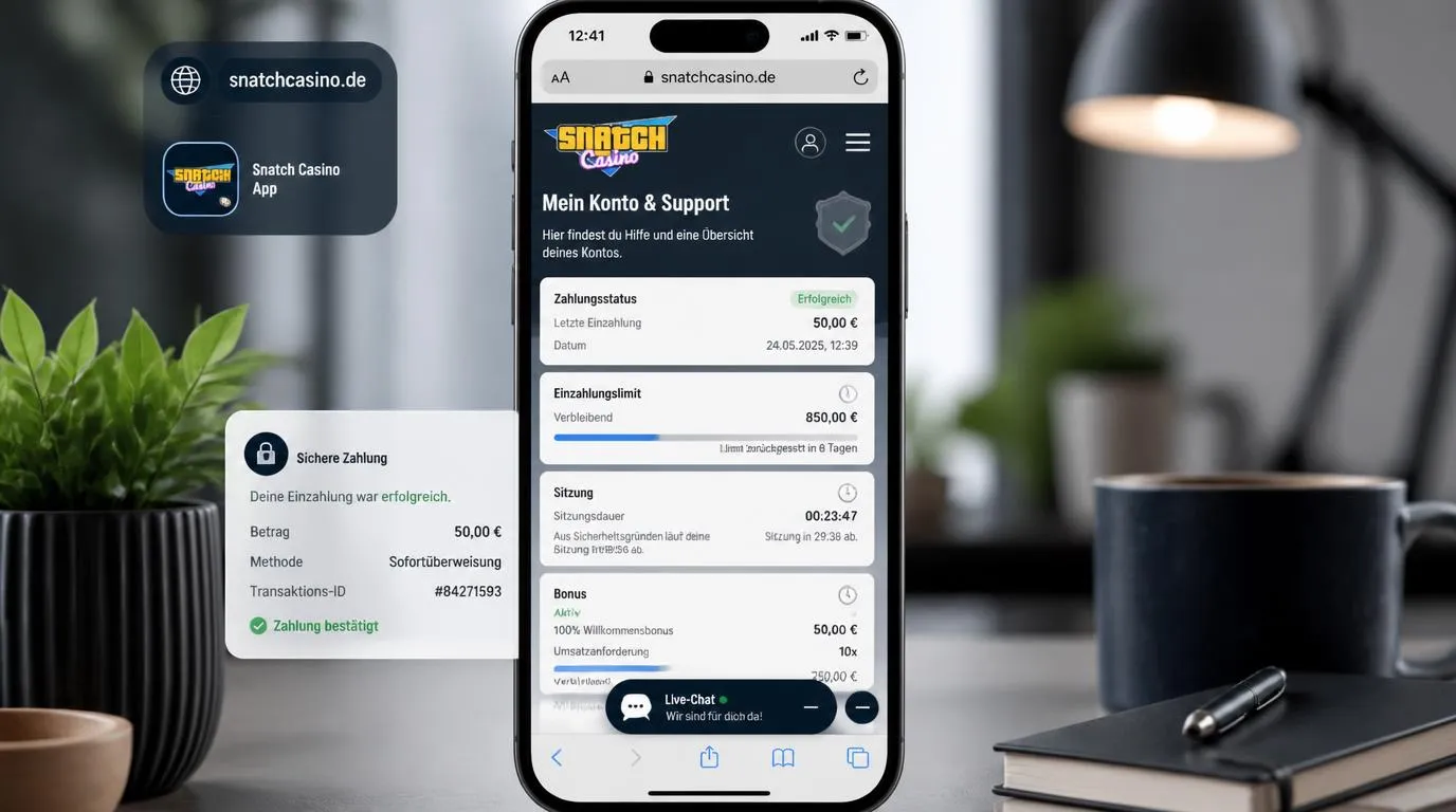 Smartphone mit Casino-App, Ladeanzeige, Standortfreigabe und offenem Live-Chat