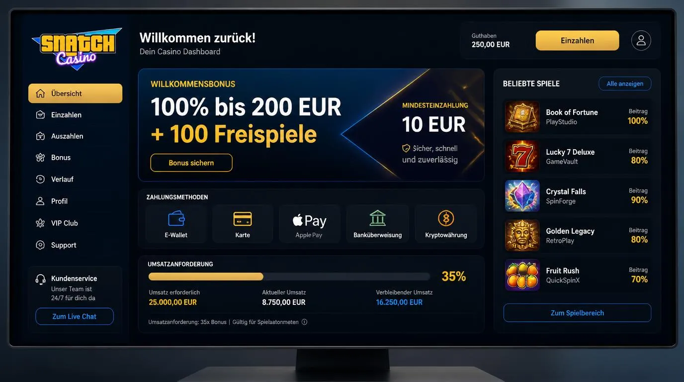 Casino-Kassenbereich mit Einzahlung, aktiviertem Willkommensbonus und Anzeige offener Umsatzbedingungen