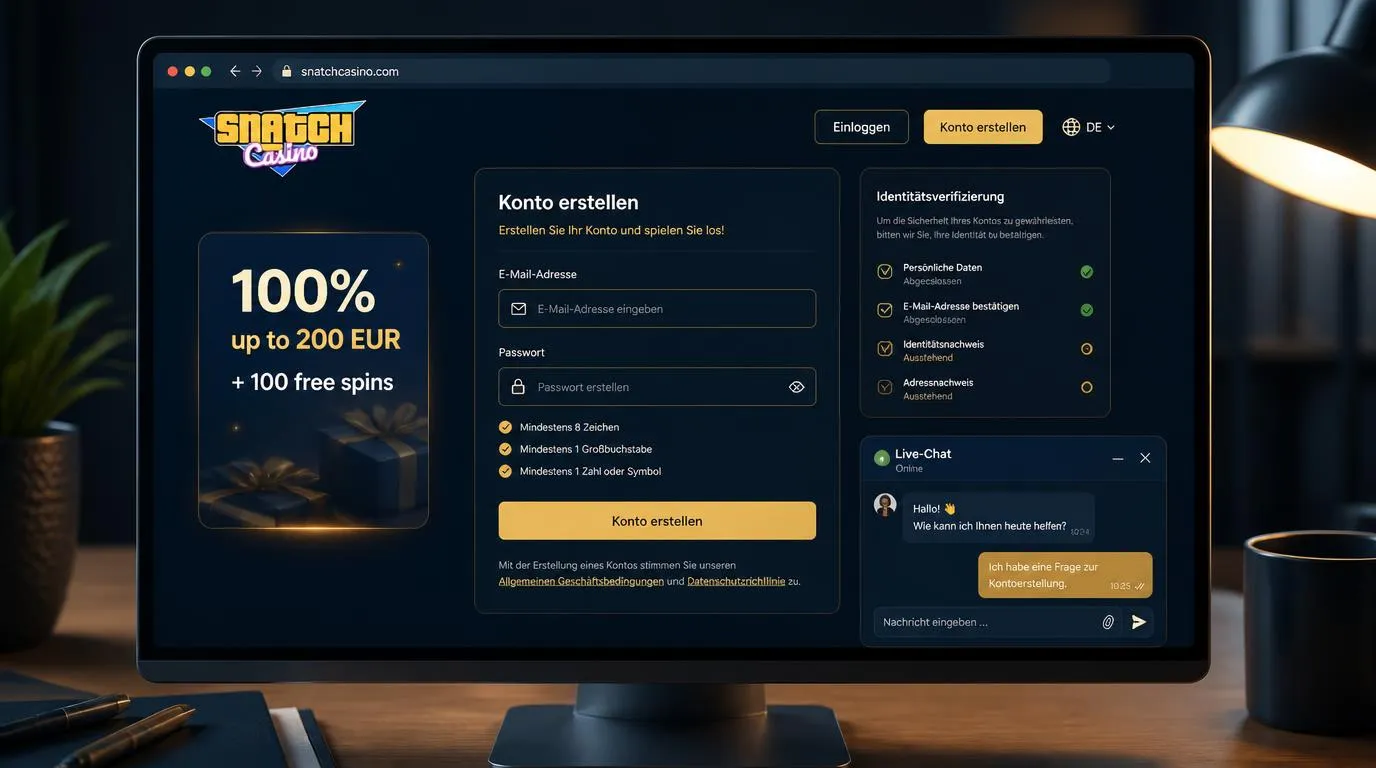 Registrierungsmaske eines Online-Casinos mit Bonusfeld, Kontodaten und aktivem Live-Chat