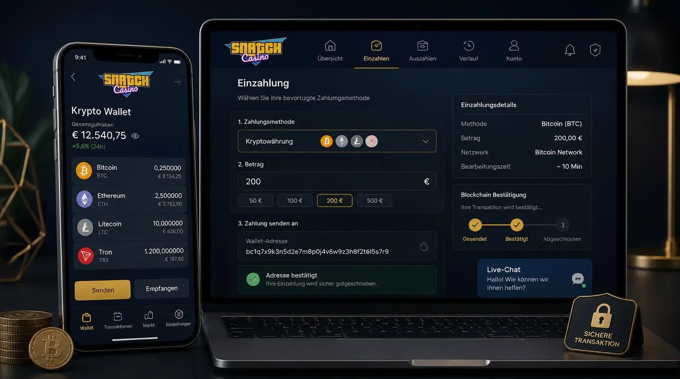 Krypto-Wallet mit Bitcoin- und Ethereum-Auswahl für eine Casino-Einzahlung