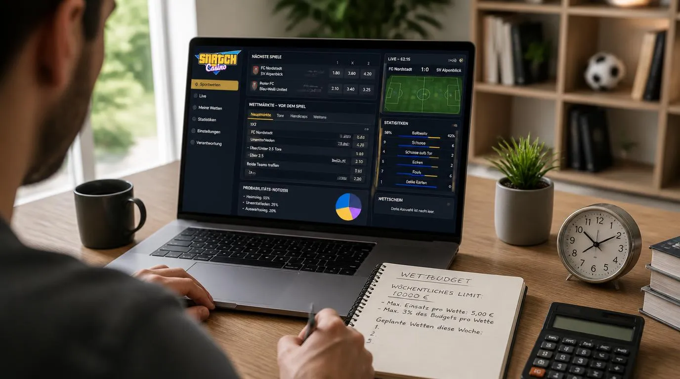 Sportwetten-Analyse mit Quotenvergleich, Spielstatistiken und festem Einsatzbudget auf einem Bildschirm