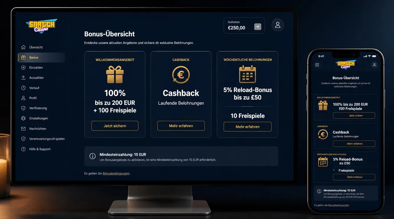 Bonusübersicht eines Online-Casinos mit Willkommensangebot, Cashback und wöchentlichen Prämien